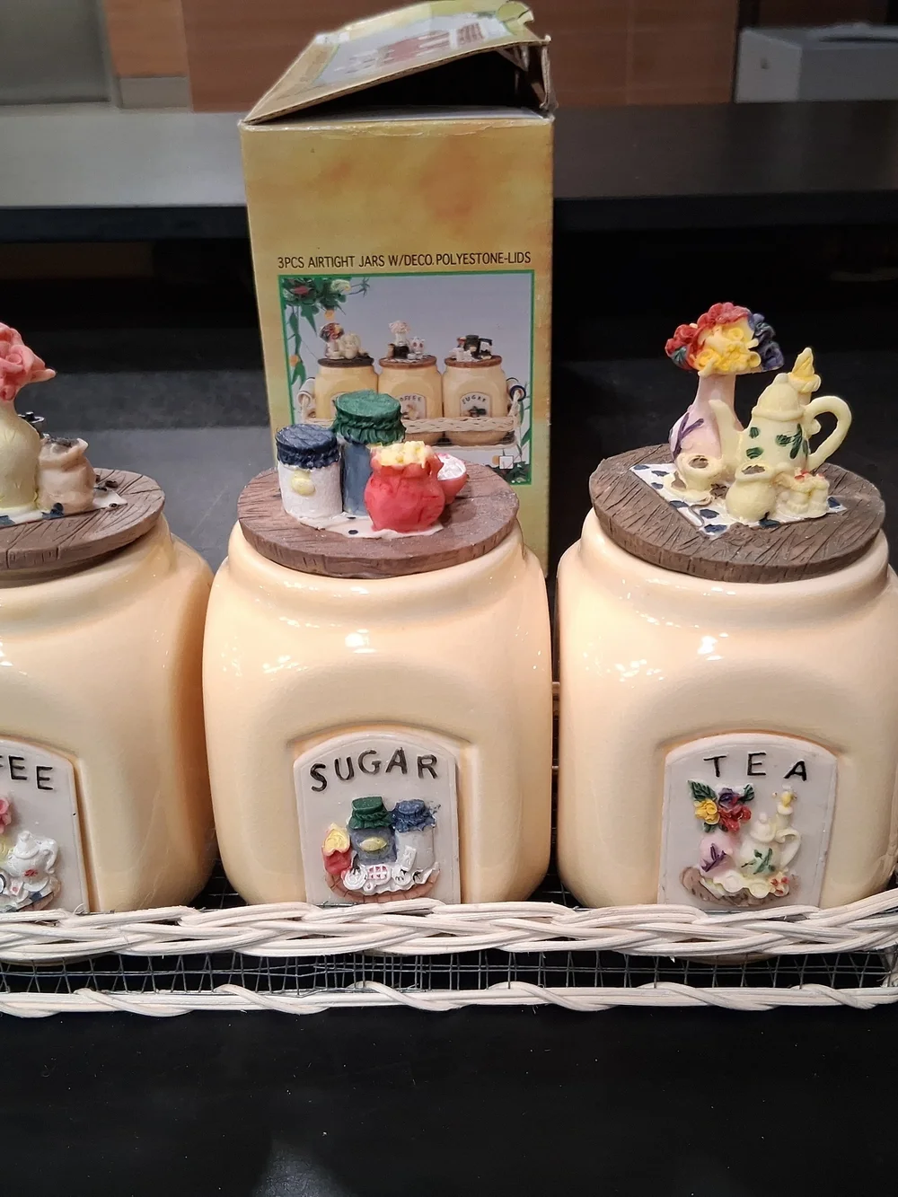 Cream Ceramic Sugar, Coffee & Tea Canister Set with Decorative Lids